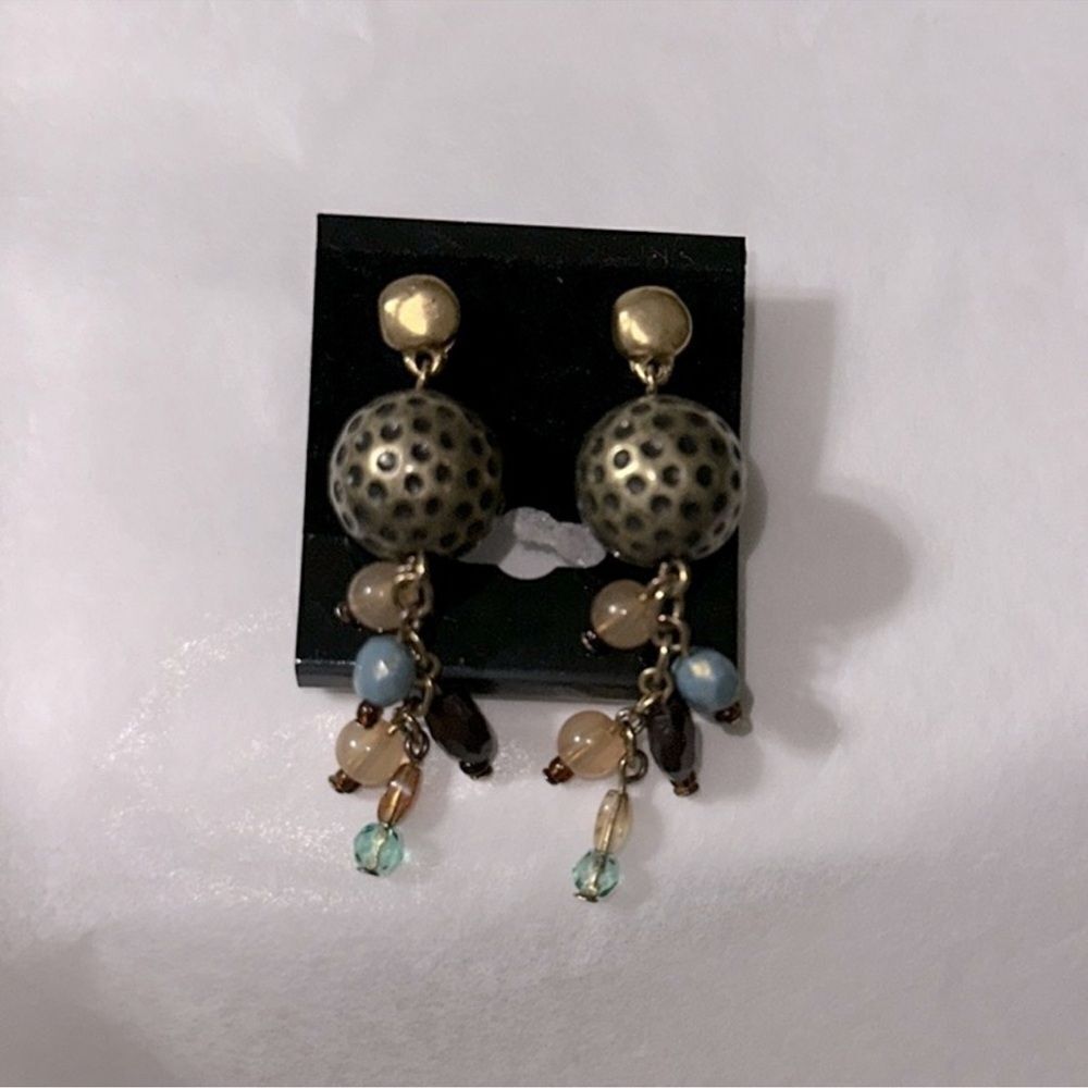 Artsy Brass Gold Tone Blue Tan Brown Green Beaded Earrings